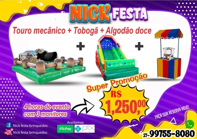 Aluguel de Touro Mecânico + Tobogã + Algodão Doce
